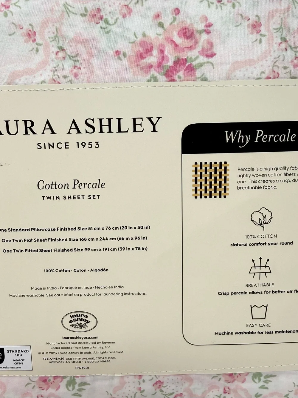 Laura Ashley Floral Ribbon and Bows Cotton Percale Sheet Twin Set NWT - Picture 5 of 6